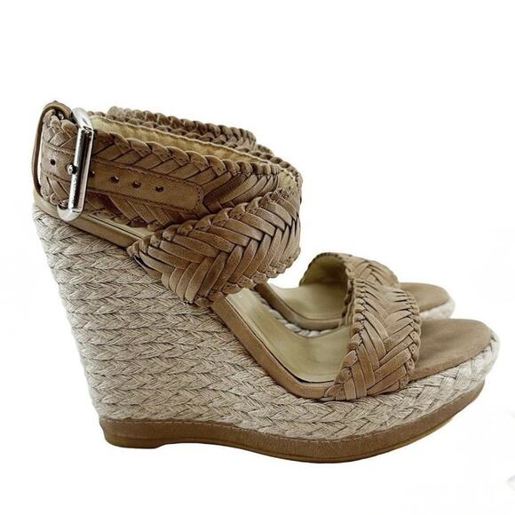 STUART WEITZMAN Elixir Platform Wedge Braided Leather Heels Sz 7 Tan Brown Boho - Picture 1 of 10